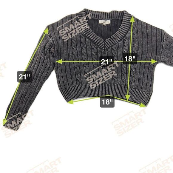 Madden NYC Washed Black Cropped Cable Knit V-Neck Long Sleeved Sweater Size M - Picture 6 of 9